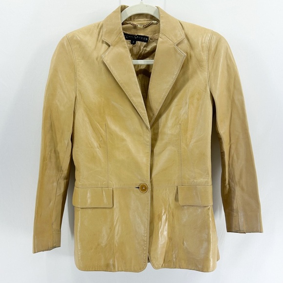 Vintage Ralph Lauren Black Label Tan Leather Blazer Jacket Size 2 - Picture 1 of 9